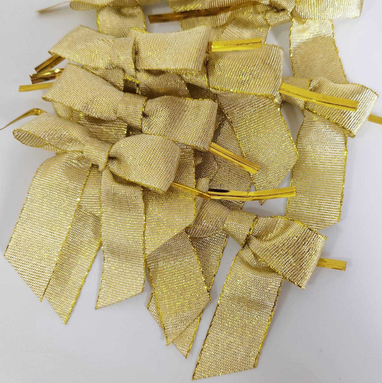 50pcs 2-1/2" Metallic Gold Bows for Crafts Pretaied Christmas Bows for Decoration with Twist Ties Hot Cut Tails(W.Gold)