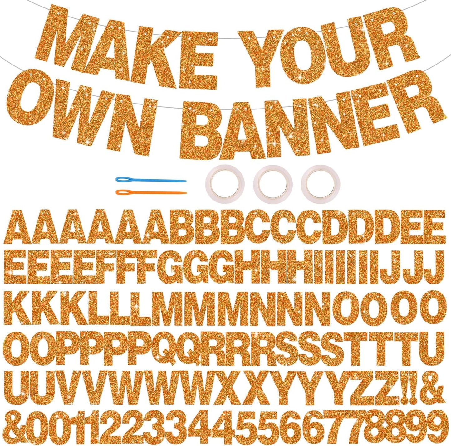 BEISHIDA 116 PCS Glitter Orange DIY Letter Banner Kit Make Your Own Banner，Including 111 Letters and Numbers 3 Rope and 9 Threading Device,Customized for Birthday Halloween Wedding Party Decor