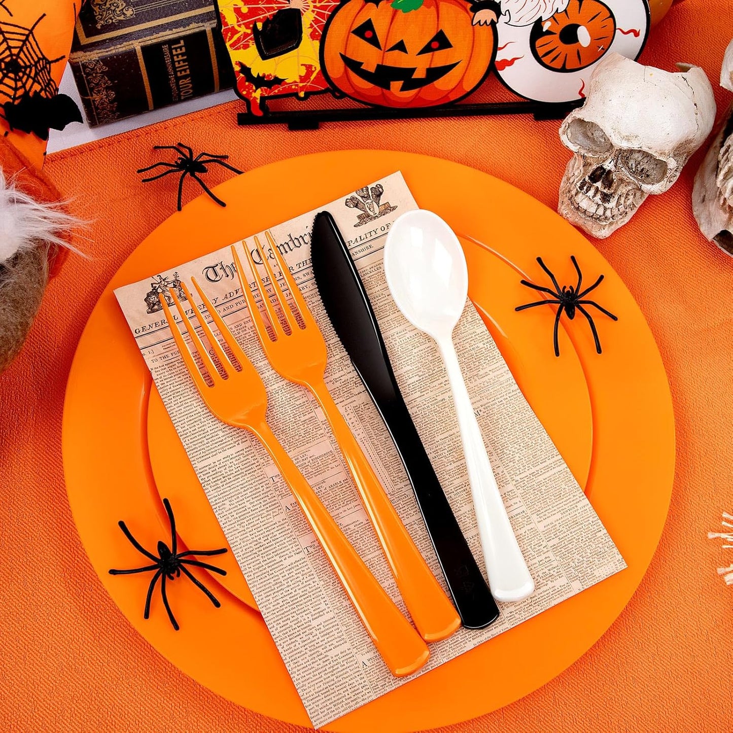 NOCCUR 180PCS Halloween Plastic Silverware Set - Tricolor Flatware Disposable Supplies Include 60 Black Knives, 60 Orange Forks, 60 White Spoons - Ideal for Halloween Party