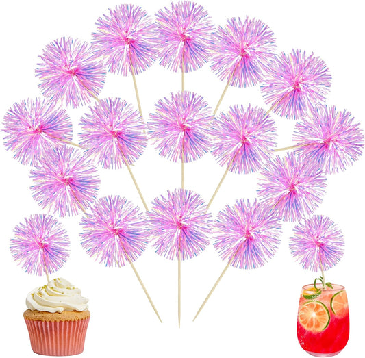 Ephlyn 30Pcs Foil Firework Cupcake Toppers Party Birthday Cake Toppers Supplies Sparkle Tinsel Cocktail Fruit Toothpick for Birthday Wedding Graduation Party Rose Red