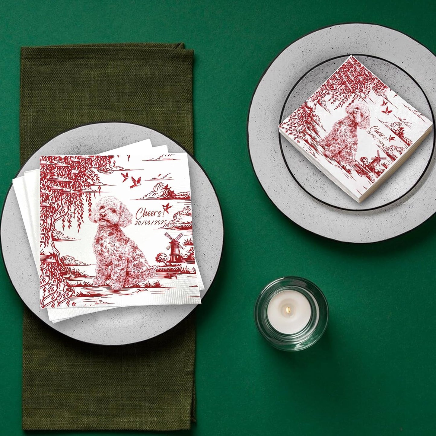 Luxury Personalized Dog Wedding Napkins, Custom Wedding Cocktail Napkins, Blue Floral Cocktail Napkin, Personalized Paper Napkin for Birthday, Engagement Party, Bridal Shower