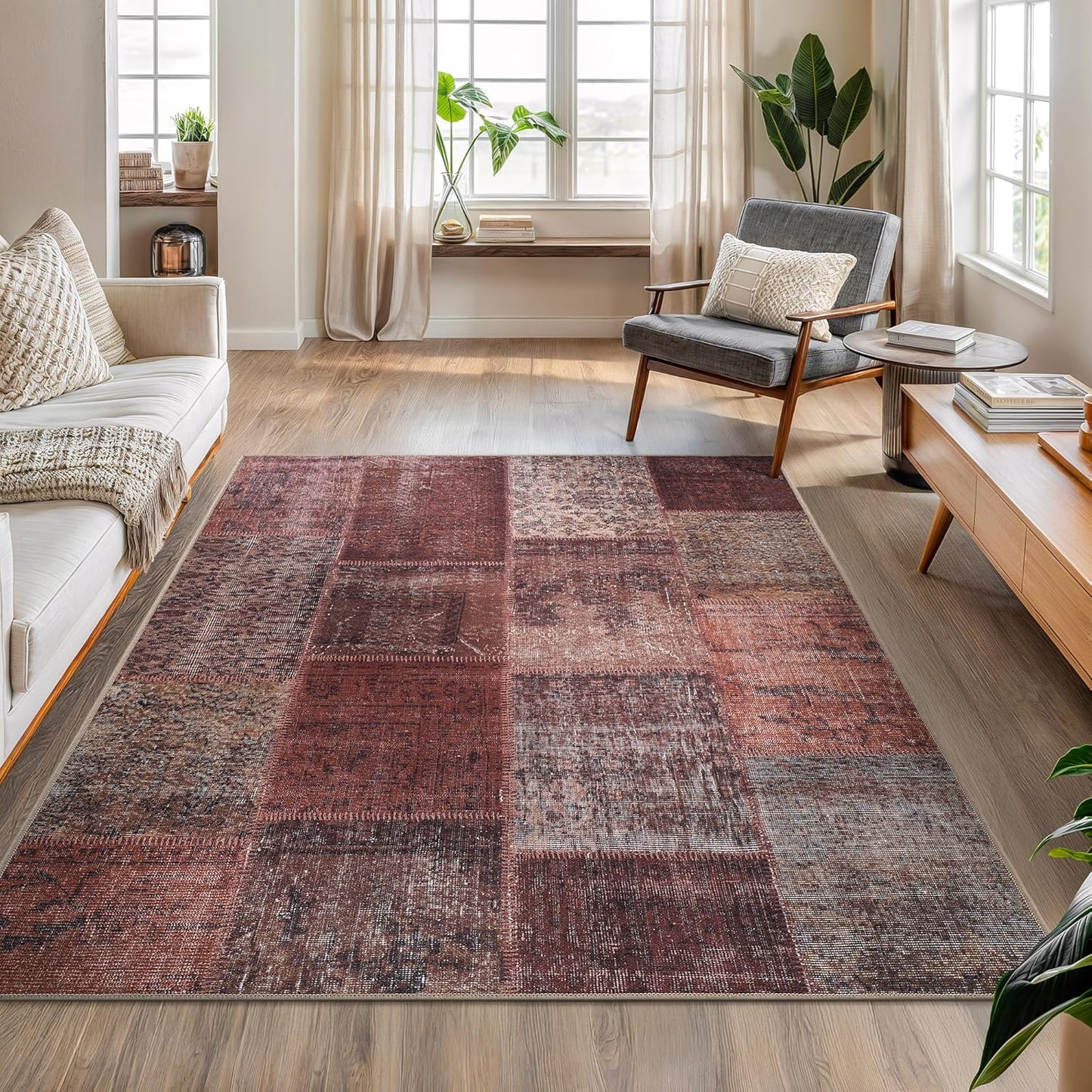 Bloom Rugs Washable Non-Slip 5' x 7' Rug - Red/Brown Traditional Patchwork Area Rug for Living Room, Bedroom, Dining Room, and Kitchen - Exact Size: 5' x 7'