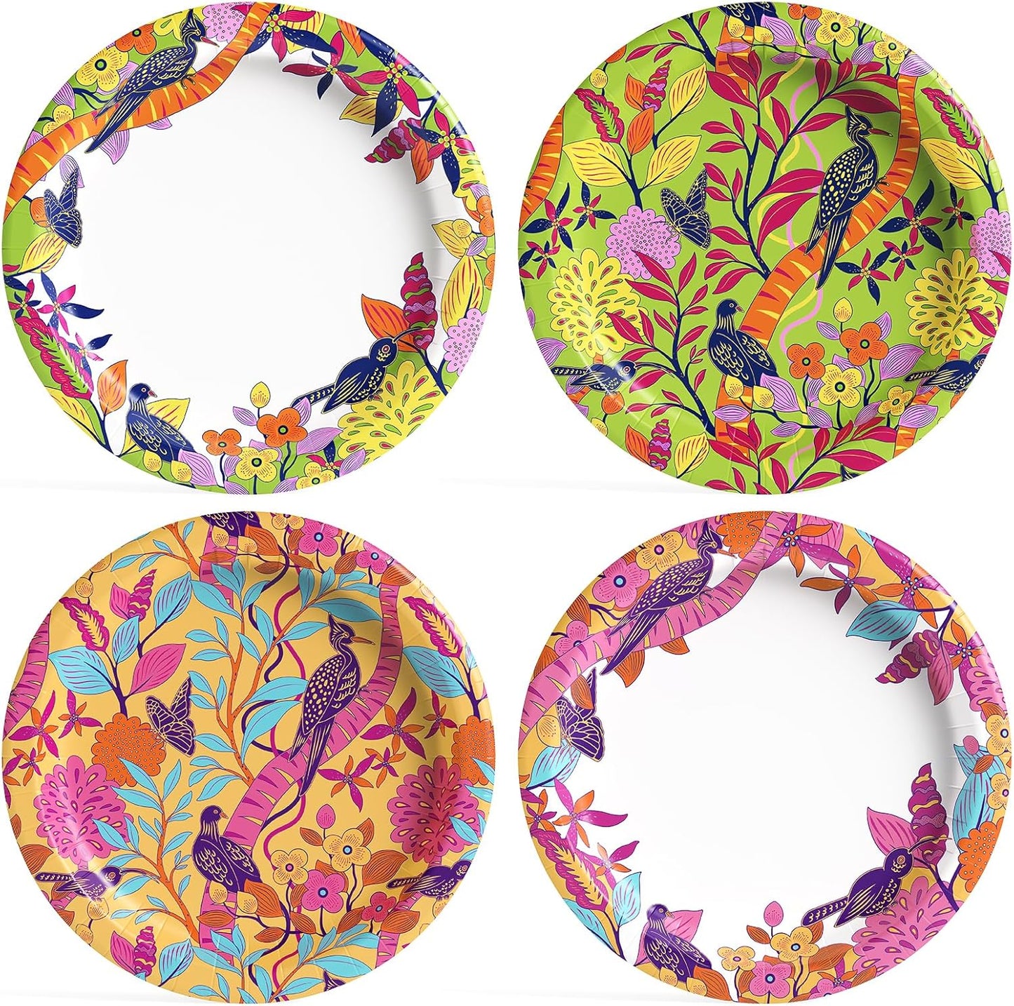 MUCHII 10 Inch Paper Plates 120 Count, Elegant Floral Bird Design Disposable Floral Plates for Wedding, Party, Dinner, Holiday - 4 Vintage Colors (30 Each)