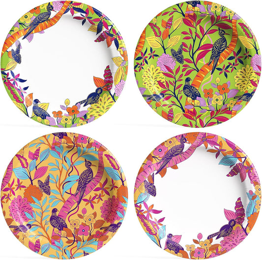 MUCHII 10 Inch Paper Plates 120 Count, Elegant Floral Bird Design Disposable Floral Plates for Wedding, Party, Dinner, Holiday - 4 Vintage Colors (30 Each)