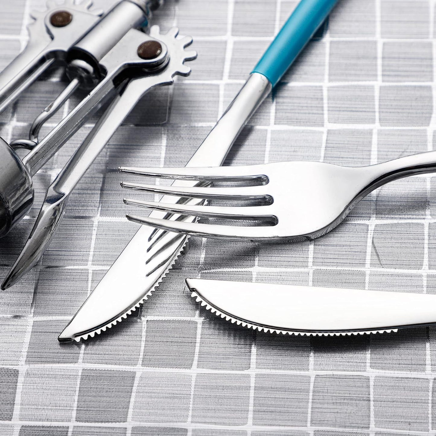 WELLIFE 144Pcs Blue Plastic Silverware, Heavy Duty Plastic Flatware with Blue Handle, Includes 48 Forks,48 Knives,48 Spoons for Party