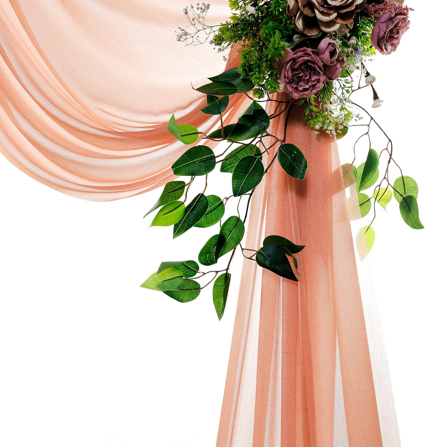 VDS Pack of 4 Panel (30 Inch X 20 Feet) Wedding Arch Draping Fabric Sheer Chiffon Fabric Drapery for Wedding Ceremony Reception Swag Backdrop Canopy Chuppah ARBO Altars Decoration (Coral Peach)