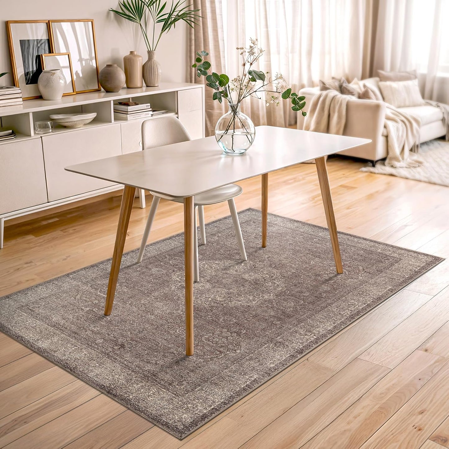 Bloom Rugs Washable Non-Slip 4' x 6' Rug - Taupe/Beige Traditional Medallion Area Rug for Living Room, Bedroom, Dining Room, and Kitchen - Exact Size: 4' x 6'