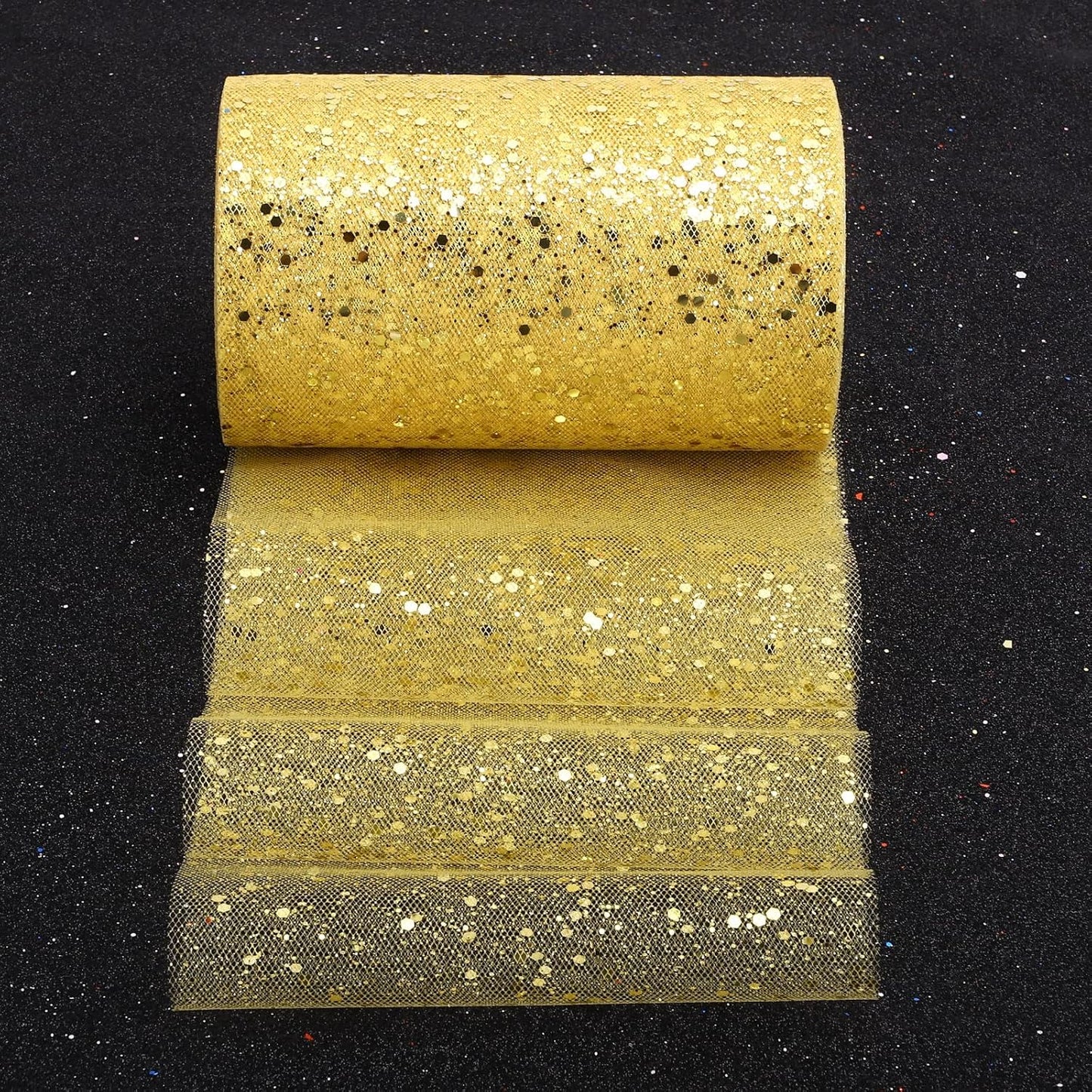 Glitter Tulle Rolls, 6” by 50 Yards (150FT) Sparkling Tulle Spool Ribbon Sequin Tulle Netting Fabric for Tutu Skirt Wedding Birthday Baby Shower (Gold)