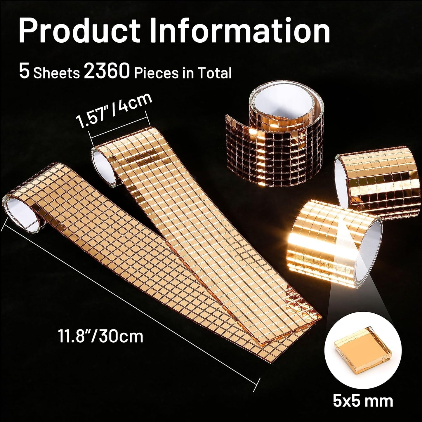 PP OPOUNT 2360 PCS Disco Ball Tiles, 5 x 5 mm Self-Adhesive Mirror Tiles, Peel and Stick Mosaic for DIY Disco Ball, Photo Frame, Art Collage, Indoor Decor (Luxury Gold)