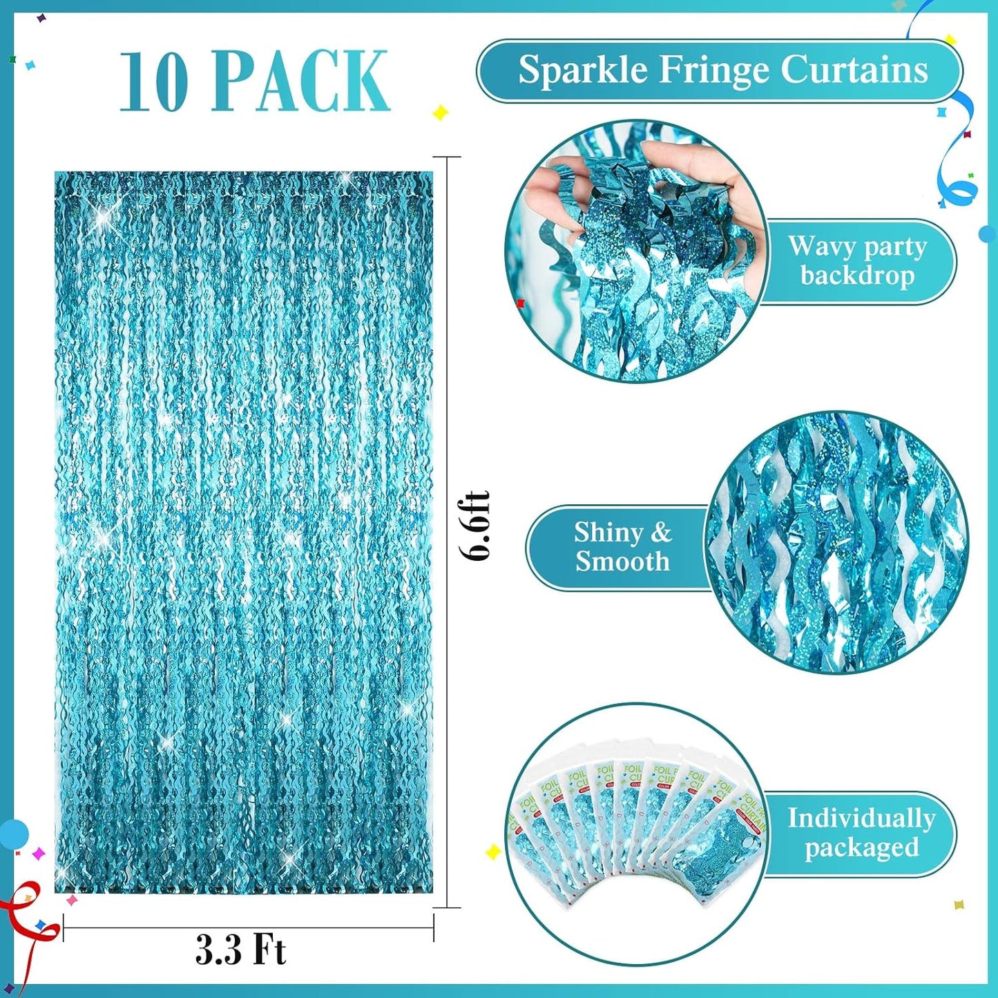 10 Pieces 3.3 x 6.6 Ft Foil Fringe Backdrop Party Wavy Tinsel Fringe Curtain Streamer for Happy New Year Carnival Party Favor 80s 90s Disco Ocean Sea Mermaid Birthday Wedding(Blue Green)