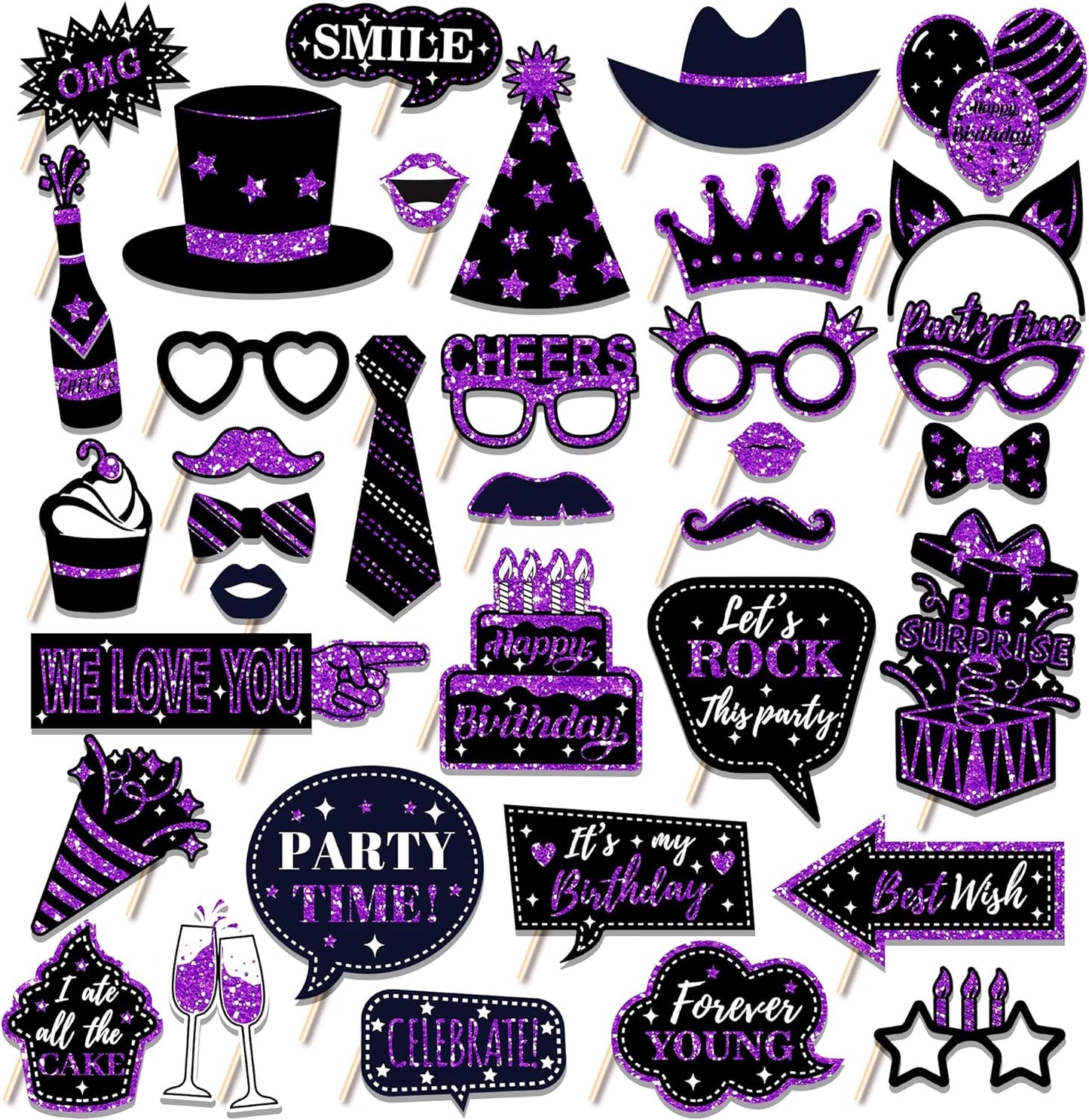 36 PCS Birthday Photo Booth Props Party Supplies Holiday Picture Decorations Photo Booth Props for Birthday Party Favors Pose Sign Kit Fun for Party (Purple and Black)