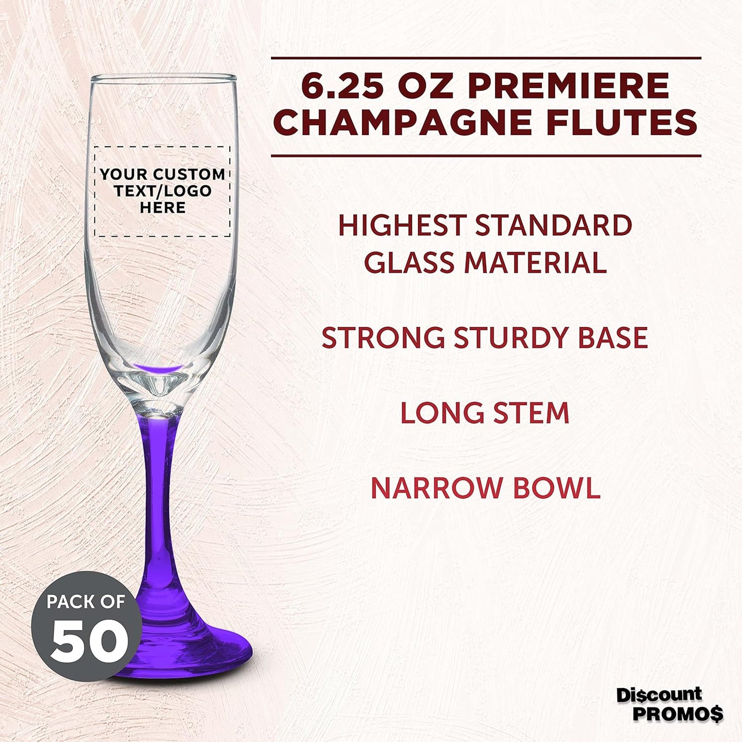 DISCOUNT PROMOS Custom Premiere Champagne Flutes 6.25 oz. Set of 50, Personalized Bulk Pack - Elegant Drinkware for Weddings, Events, & Promotional Gifts - Purple