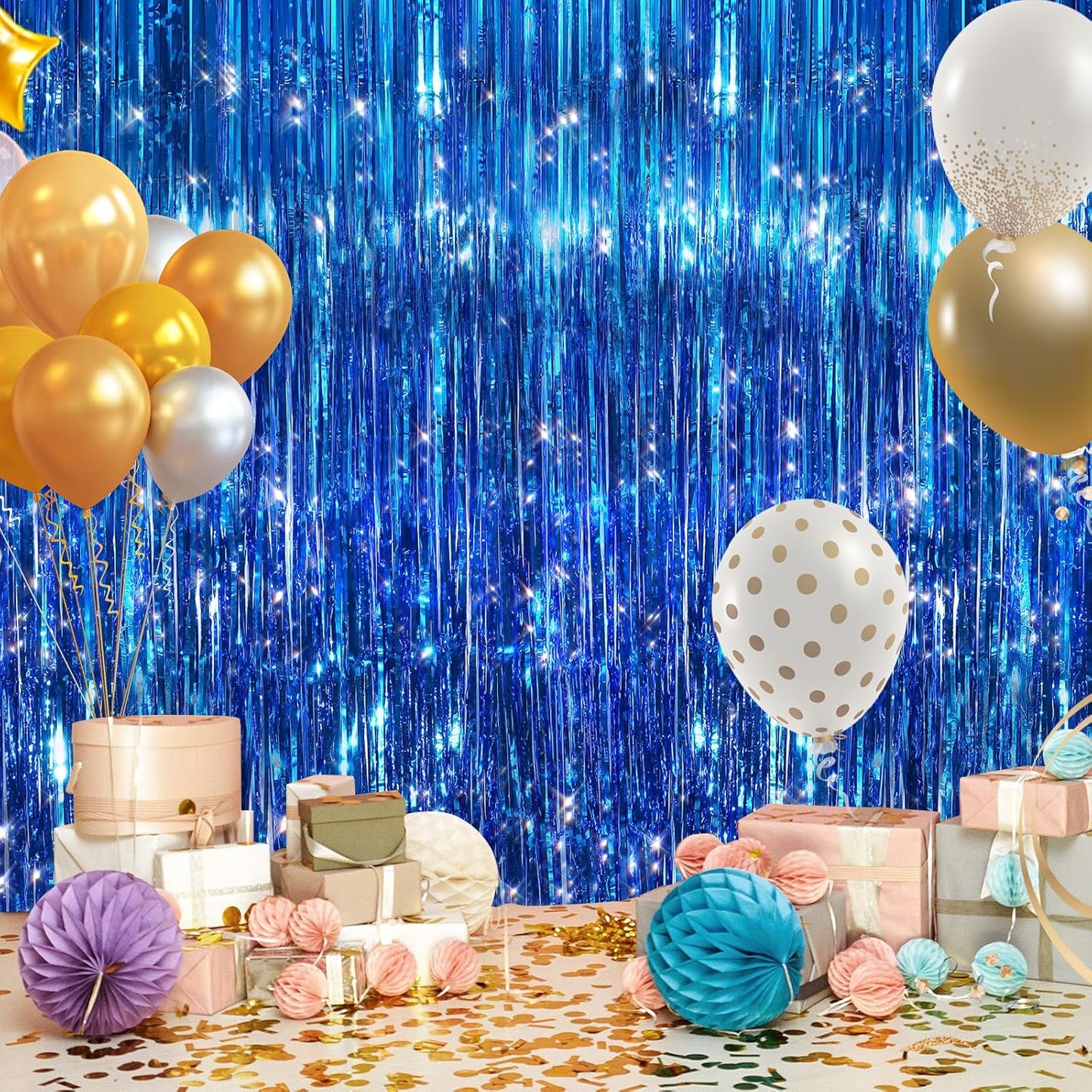 2Pack Blue Tinsel Backdrop Streamers, GCB Party Streamers Backdrop Foil Fringe Curtains for Wedding Birthdays Bachelorette Bridal Baby Shower, Graduation, Engagement Decors, Gender Reveal, Disco Party