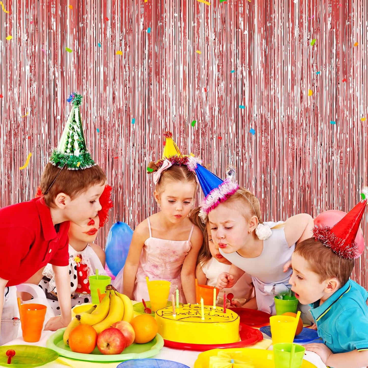 Rose Gold Tinsel Backdrop Birthday Decorations, 2Pack Foil Curtains Metallic Photo Backdrop Foil Fringe Curtains, Party Streamers Supplies for Wedding Xmas Graduation Bachelorette Disco Door Decors