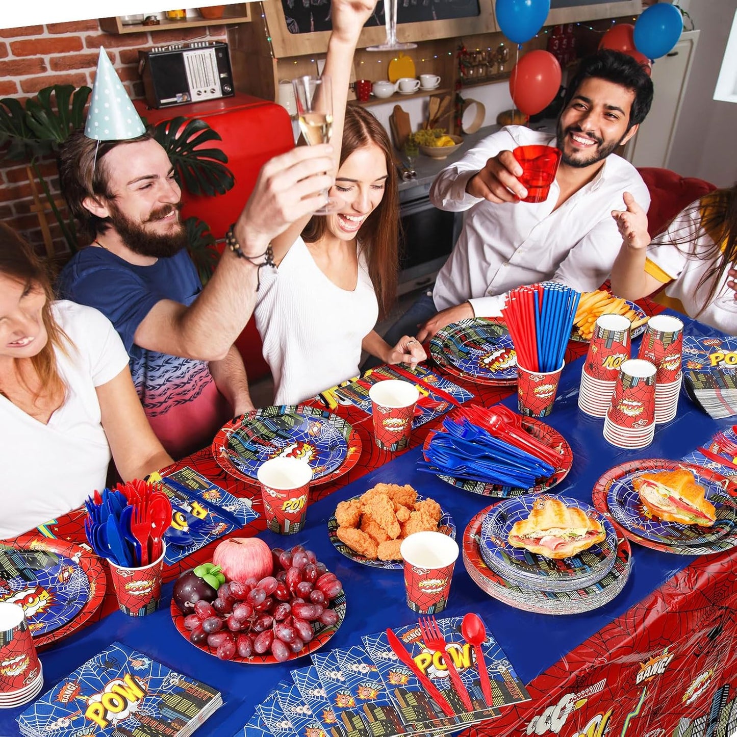 452 Pcs Spider Themed Birthday Party Supplies for 50 Guests, Hero Theme Paper Plates Napkins Cups Tablecloth Cutlery Straws Tableware for Red Blue Halloween Birthday Party Decorations