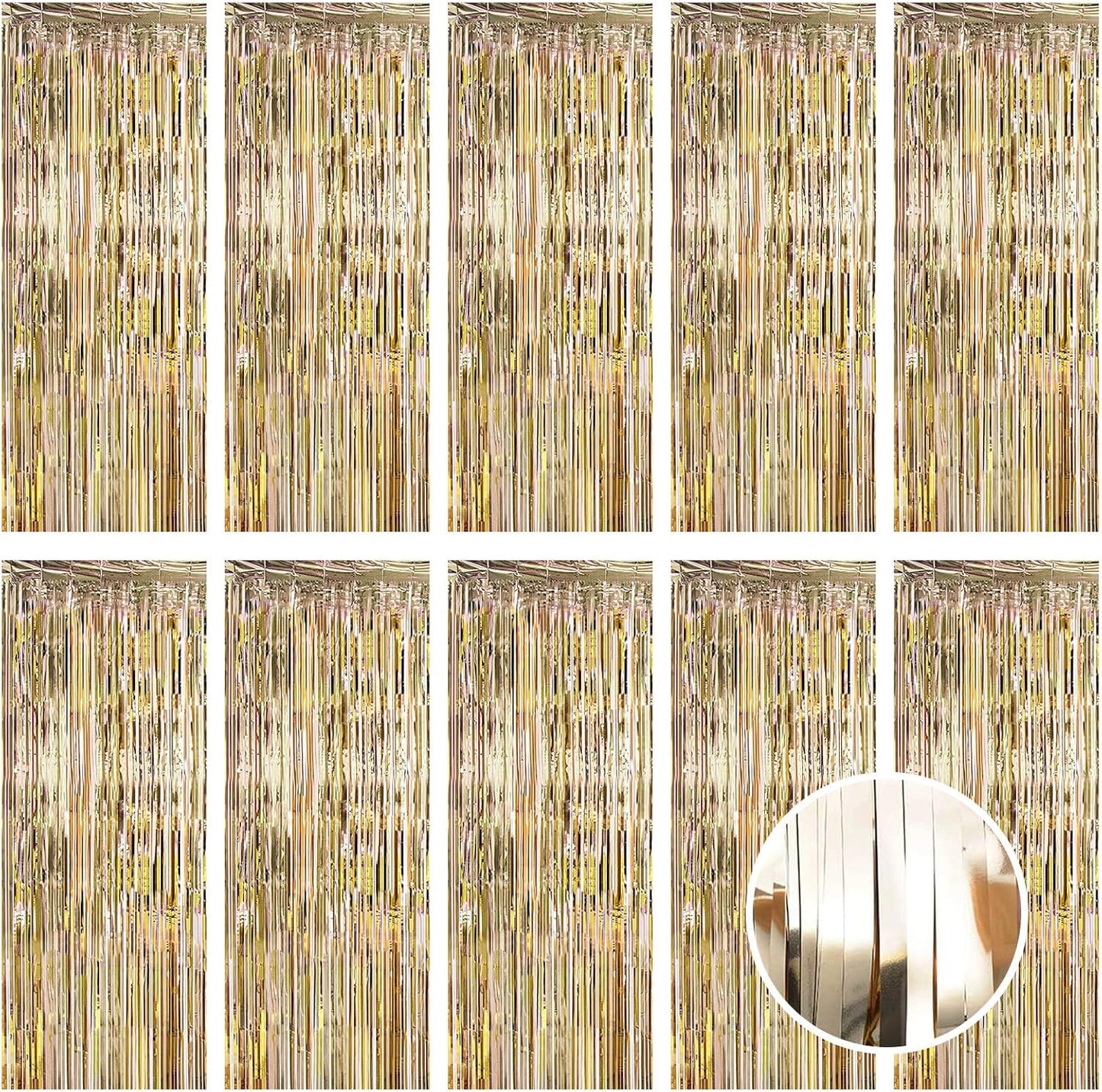 10 Pack Champagne Gold Foil Curtain Backdrop 3.2ft x 9.8ft Metallic Tinsel Foil Fringe Curtains Streamer Photo Booth Backdrop for Birthday Party Engagement Bachelorette Party Decorations