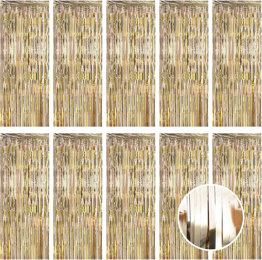 10 Pack Champagne Gold Foil Curtain Backdrop 3.2ft x 9.8ft Metallic Tinsel Foil Fringe Curtains Streamer Photo Booth Backdrop for Birthday Party Engagement Bachelorette Party Decorations