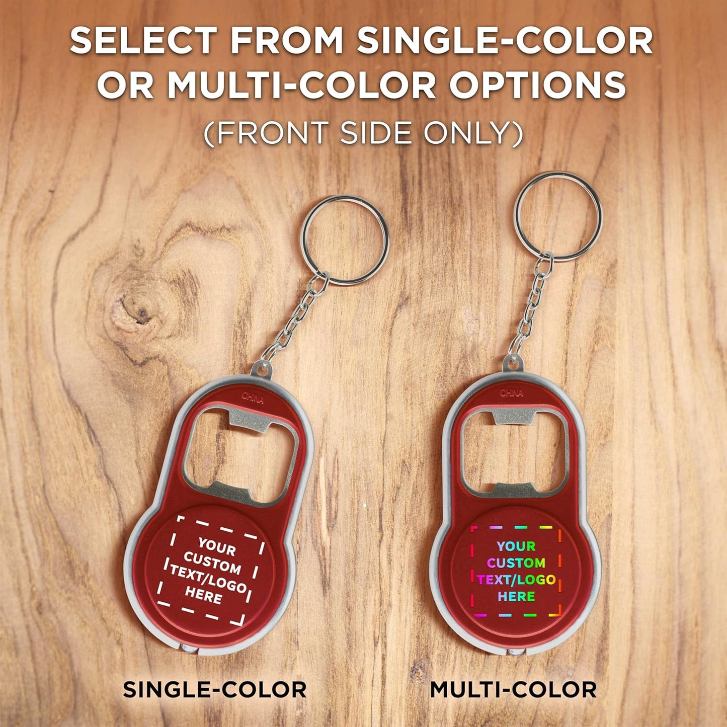 DISCOUNT PROMOS Custom Bottle Opener & LED Keychains Set of 50, Personalized Bulk Pack - Perfect for Tradeshows, Party Favors, Other Events - Red