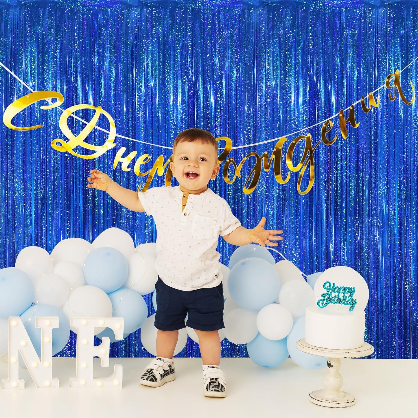 GOER 3.2 ft x 8.2 ft Metallic Tinsel Foil Fringe Curtains Party Photo Backdrop Party Streamers for Birthday,Graduation,New Year Eve Decorations Wedding Decor(1 Pack,Shiny Blue)