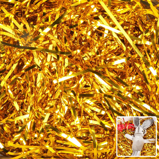 Zwish 150 Gram Sparkly Iridescent Film PP Hamper Shreds & Strands Shredded Crinkle Confetti for Gift Wrapping & Basket Filling & Gift Box filler Easter Basket Box filler-Gold