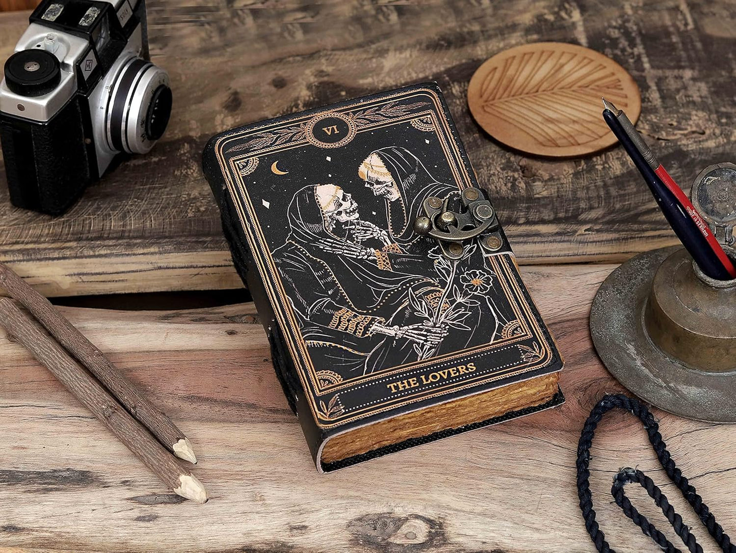 cuero Book of Spells Leather Journal Deckle Edge Paper Grimoire Printed Journal The Lovers Tarot Notebook Spiral Gothic Notebook Skull lover Antique Vintage Leather Journals for Men and Women