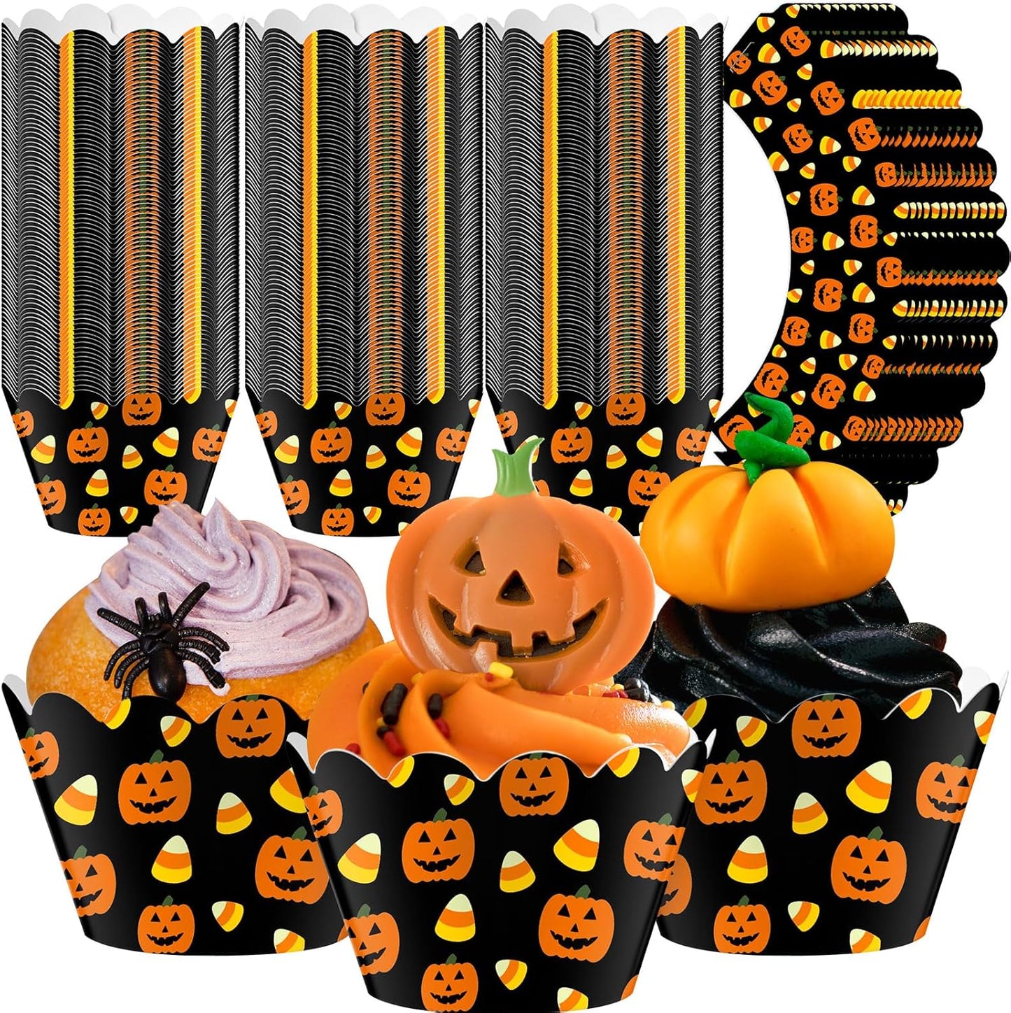 Domensi 100 Pcs Halloween Pumpkin Cupcake Wrappers Rustic Cupcake Liners Pumpkin Candy Corn Baking Cups Baking Liners for Wedding Bridal Baby Shower Birthday Halloween Party Supplies Dessert Decors