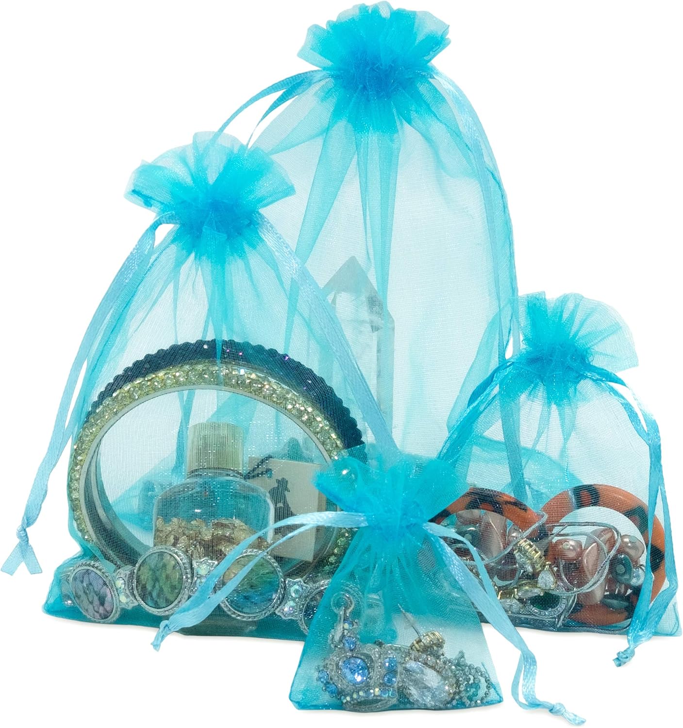 TheDisplayGuys 48-Pack 3x4 Turquoise Blue Sheer Organza Gift Bags with Drawstring, Jewelry Candy Treat Wedding Party Favors Mesh Pouch