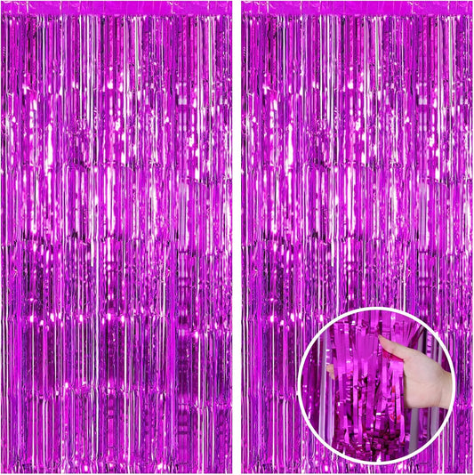 CANREVEL 2 Pack 3.3x8.2 Feet Hot Pink Foil Fringe Backdrop Curtains, Tinsel Streamers Birthday Party Decorations, Fringe Backdrop for Bachelorette Engagement Wedding Baby Bridal Shower Party