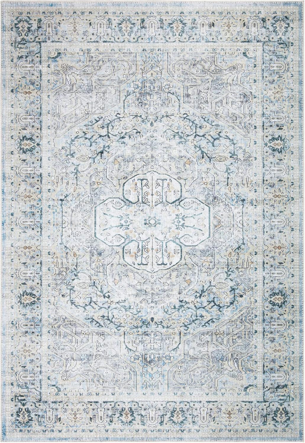 Bloom Rugs Washable Non-Slip 4' x 6' Rug - Cream/Light Blue/Teal Traditional Medallion Area Rug for Living Room, Bedroom, Dining Room, and Kitchen - Exact Size: 4' x 6'