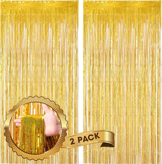 2 Pack Laser Gold Foil Fringe Backdrop Curtains, Tinsel Streamers Birthday Party Decorations, Fringe Backdrop for Graduation, Baby Shower, Gender Reveal, Disco Party