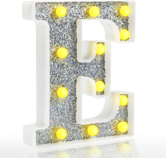 Pooqla Light Up Letters, LED Marquee Letters for Silver Birthday Decorations, Battery Powered Night Light Teenager Girl Room Decor, Gift for Girls Boys Wedding Bedroom Christmas Party Decor, Letter E