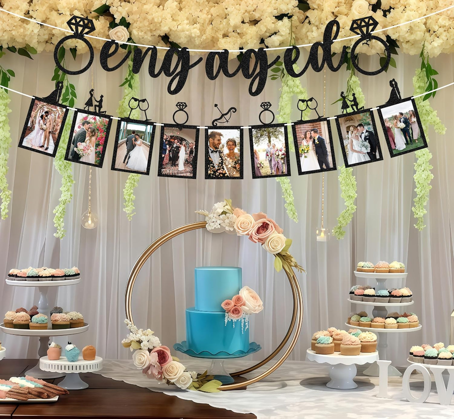 Pre-Strung Engaged Photo Banner - Black Glitter Engagement Party Decoration Supplies with Romantic Memories Picture Card Frames for Bachelorette, Bridal Shower, Wedding Party Photo Booth Props