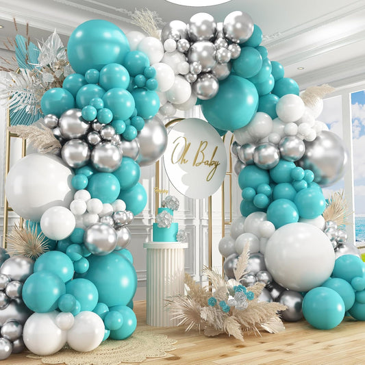 412Pcs Teal Silver White Balloon Garland Arch Kit, 18 12 10 5 Inch Different Size White Metallic Silver Teal Balloons Balloons,for Birthday Party Graduation Baby Shower Wedding Holiday Decoration