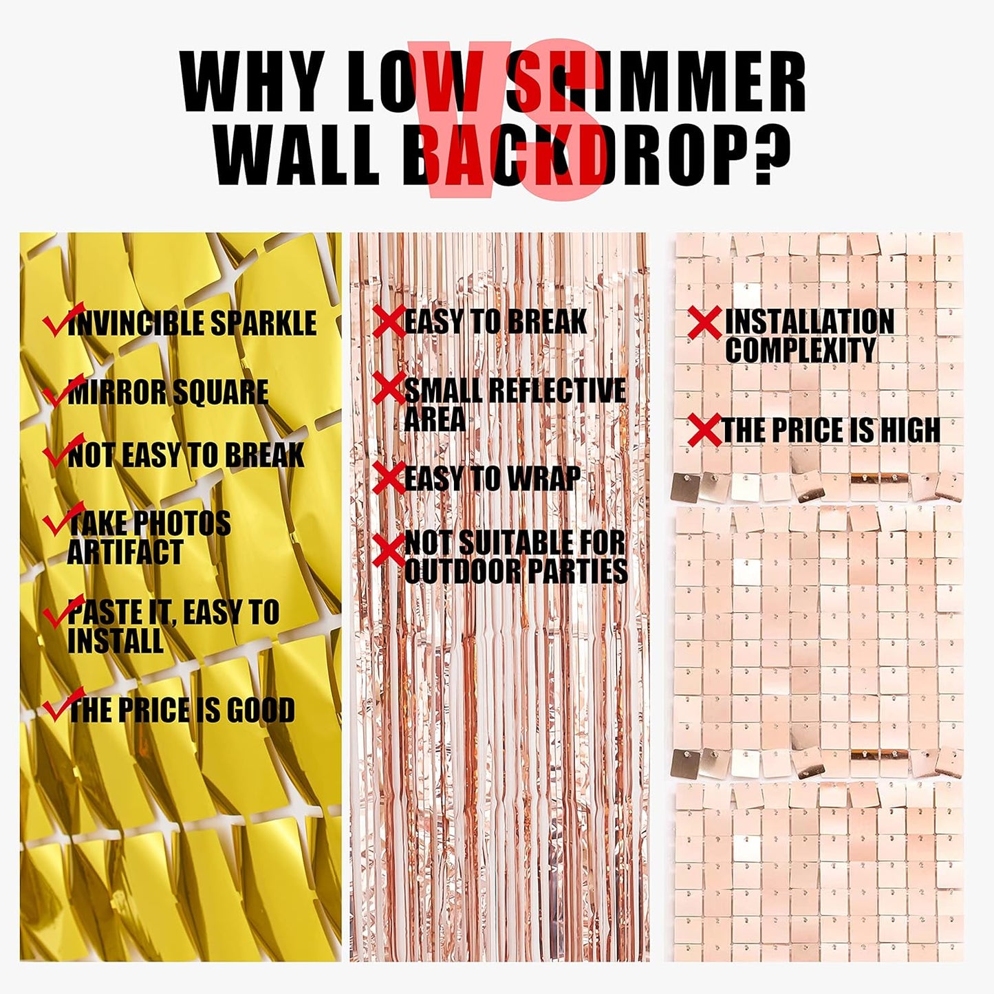 PADELO Gold Shimmer Wall Backdrop, Square Backdrop Curtain, 2Pcs 3.3x6.6 Feet Gold Streamer Backdrop for Party Decorations