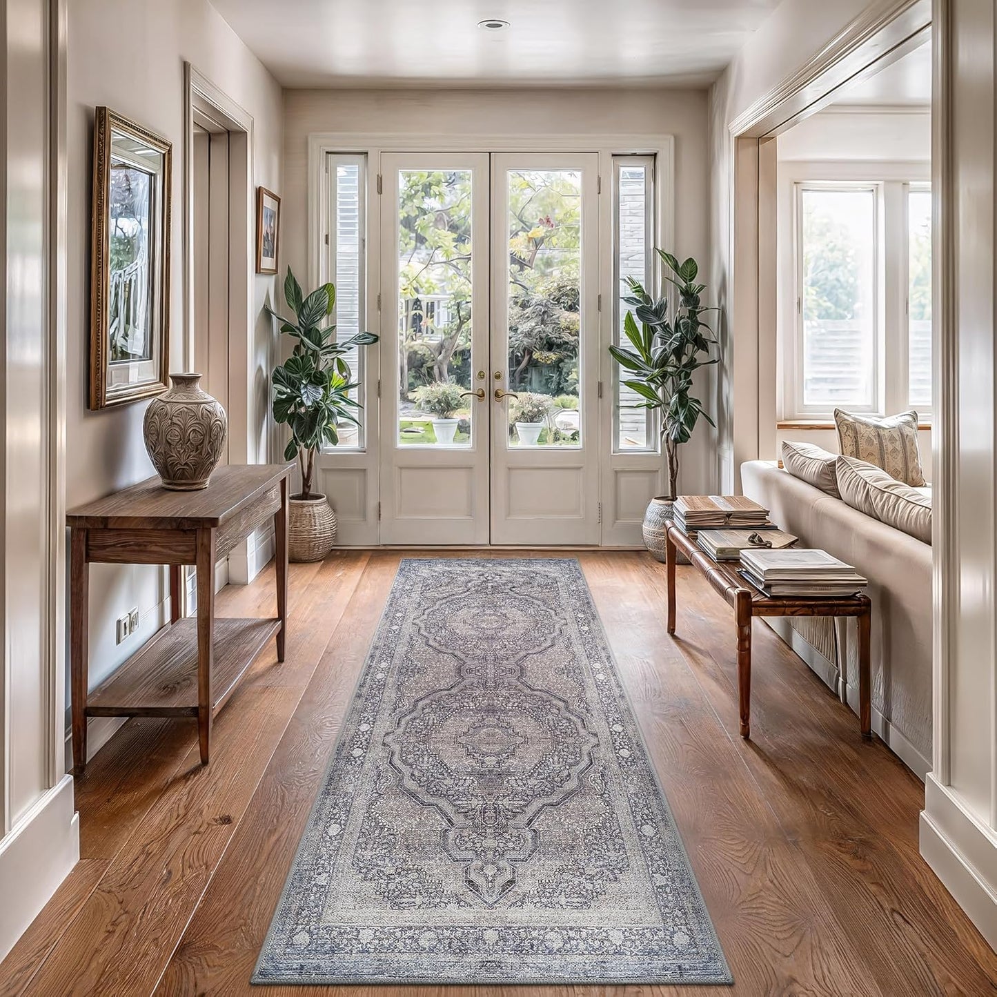 Bloom Rugs Washable Non-Slip 7 ft Runner - Blue/Steel Gray/Beige Traditional Medallion Runner for Entryway, Hallway, Bathroom, and Kitchen - Exact Size: 2.5' x 7'