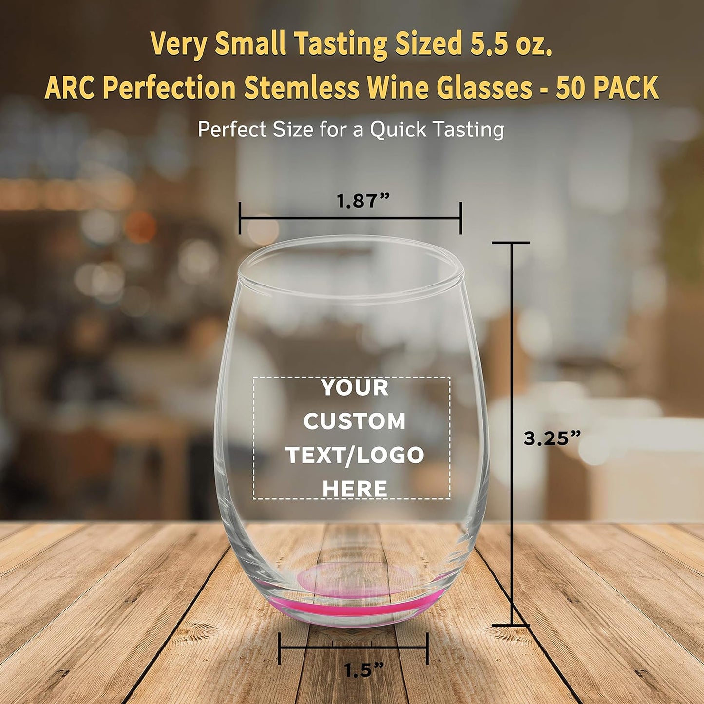Custom Stemless Wine Glasses by ARC 5.5 oz. Set of 50, Personalized Bulk Pack - Perfect for Hotel, Bar, Restaurant or Lounge - Pink