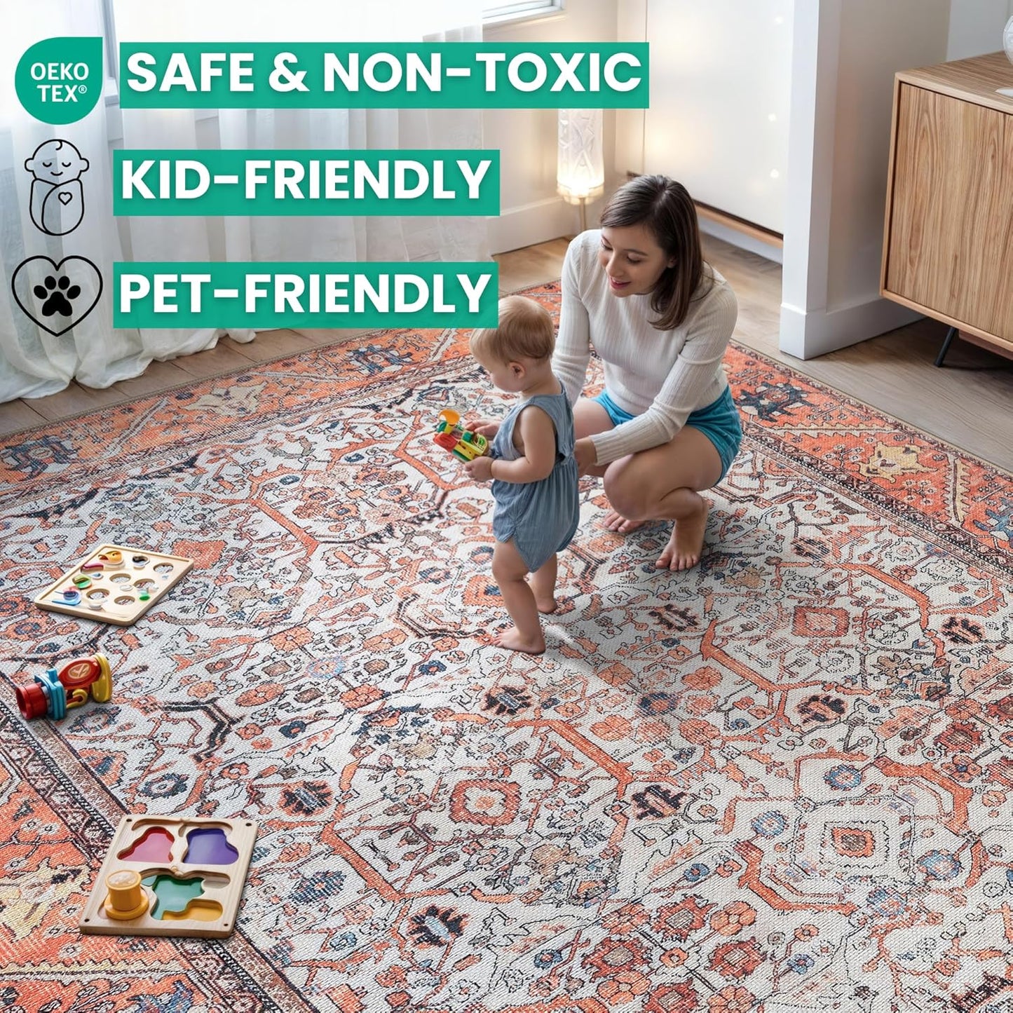 Bloom Rugs Washable Non-Slip 12 ft Runner - Orange Traditional Bordered Runner for Entryway, Hallway, Bathroom, and Kitchen - Exact Size: 2.5' x 12'