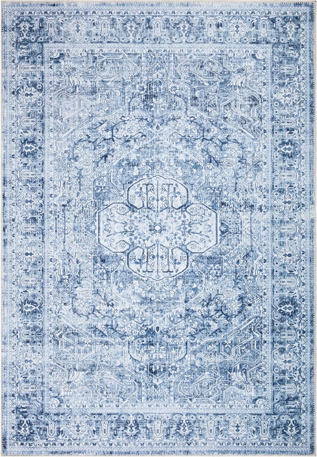 Bloom Rugs Washable Non-Slip 6' x 9' Rug - Ivory/Denim Blue Traditional Medallion Area Rug for Living Room, Bedroom, Dining Room, and Kitchen - Exact Size: 6' x 9'