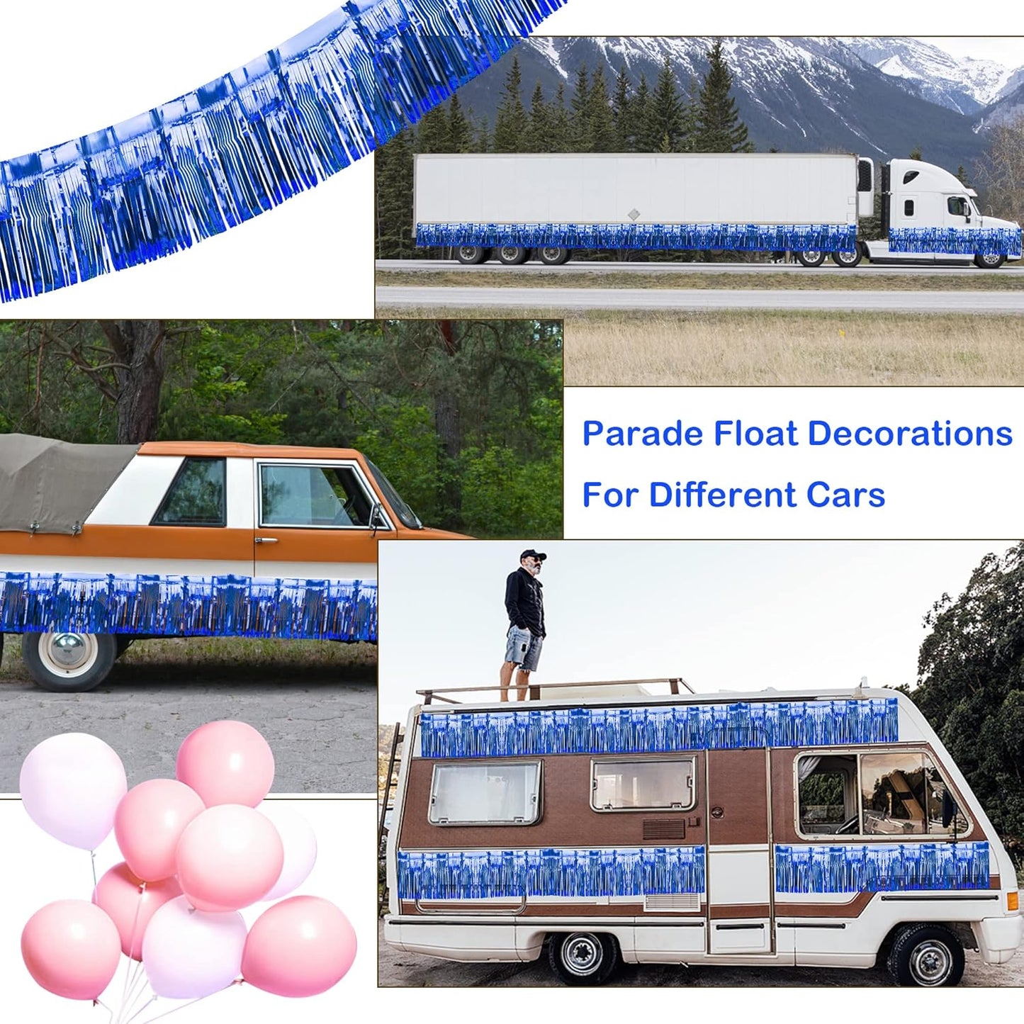 4 Pack Iridescent Float Fringe Curtains, Metallic Foil Fringe Garland Shiny Tassel Foil Parade Float Decorations for Trailer Car Graduation Homecoming Outdoor Indoor Party (Royal Blue)