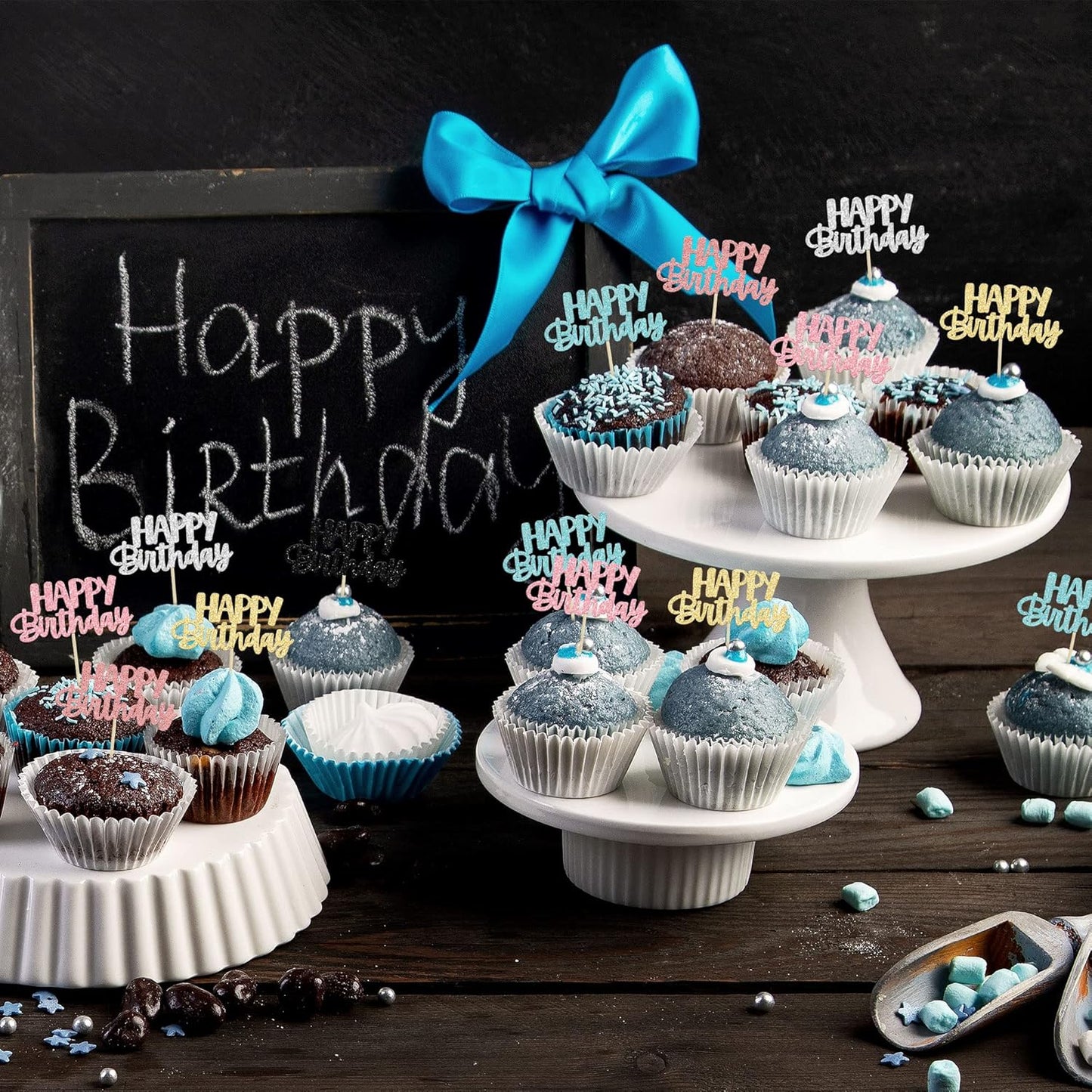 Gyufise 24Pcs Happy Birthday Cupcake Toppers Glitter Birthday Cupcake Food Picks for Celebrating Happy Birthday Party Cake Decorations Supplies Six Colors