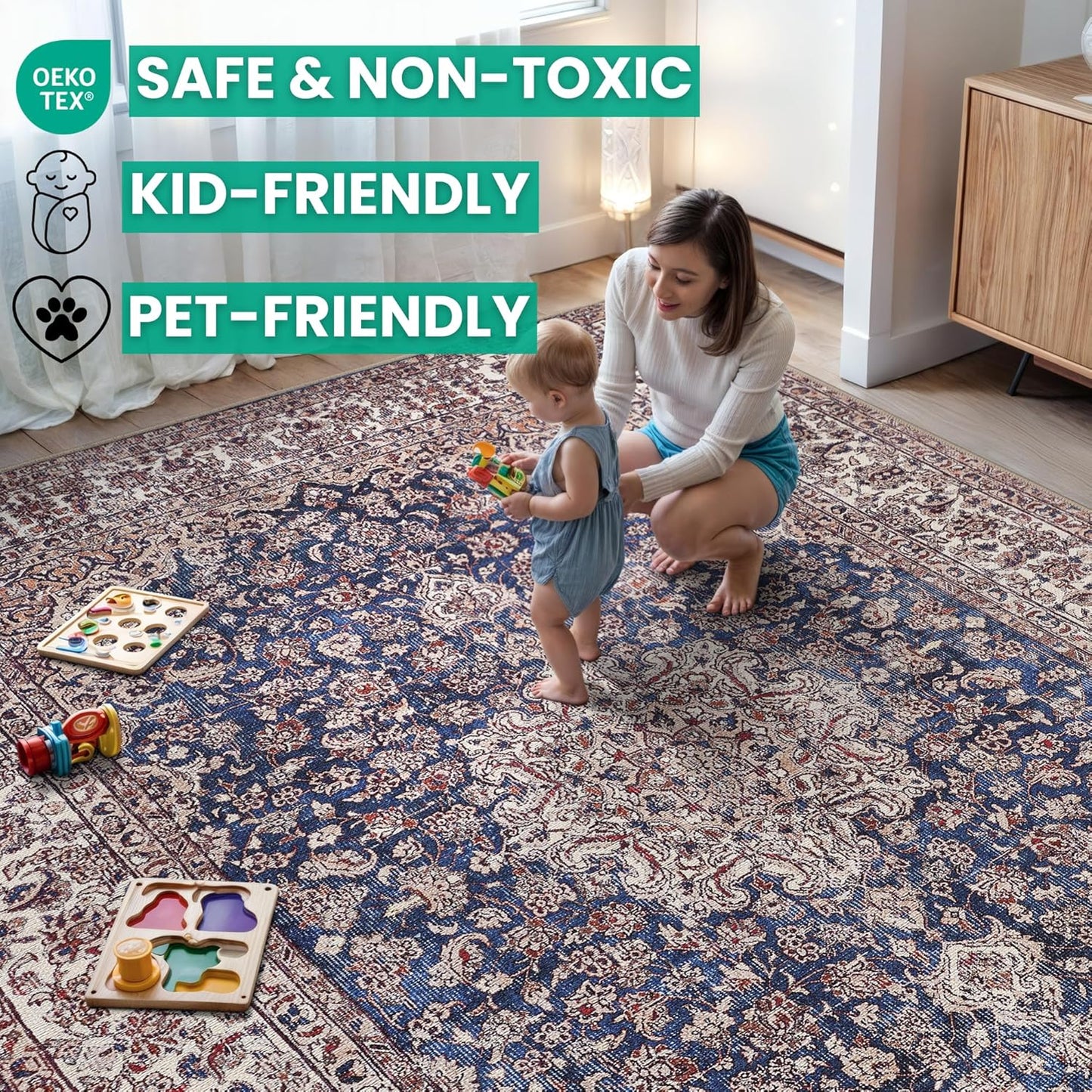 Bloom Rugs Washable Non-Slip 8' x 10' Rug - Dark Blue/Beige Traditional Medallion Area Rug for Living Room, Bedroom, Dining Room, and Kitchen - Exact Size: 8' x 10'