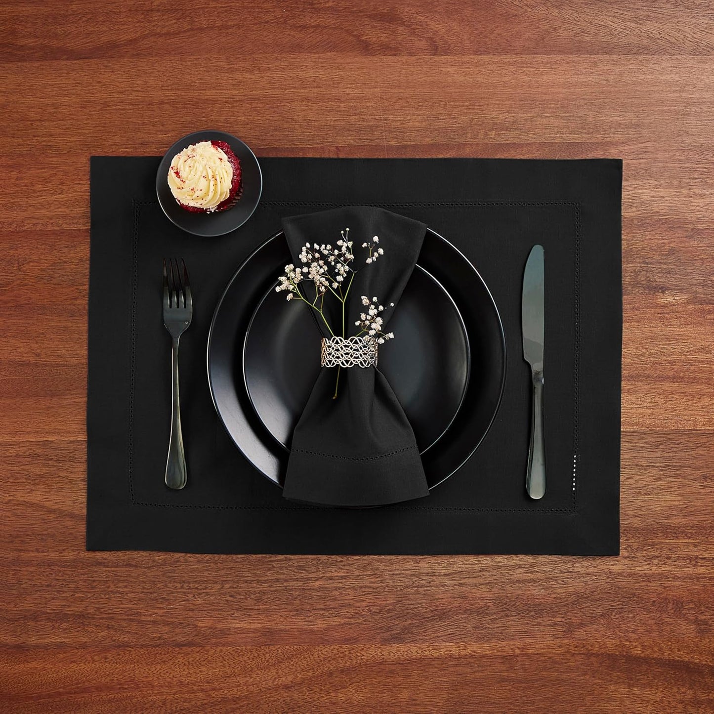 Cotton Linen Placemat Set of 4 – Hemstitch Black Cloth Placemat-14 x 19 Inch – Washable Fabric Placemats for Fall, Halloween, Thanksgiving, Everyday Dining & Décor – Serena