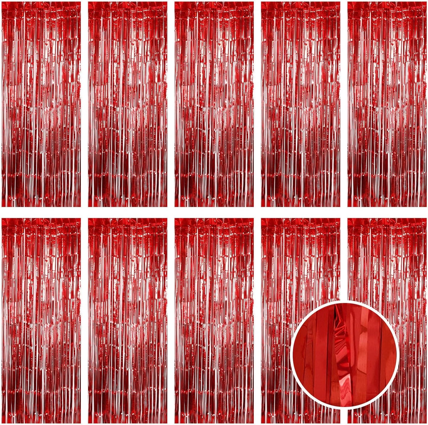 10 Pack Red Foil Curtain Backdrop 3.2ft x 9.8ft Metallic Tinsel Foil Fringe Curtains Streamer Photo Booth Backdrop for Birthday Party Engagement Bachelorette Party Decorations (Red)