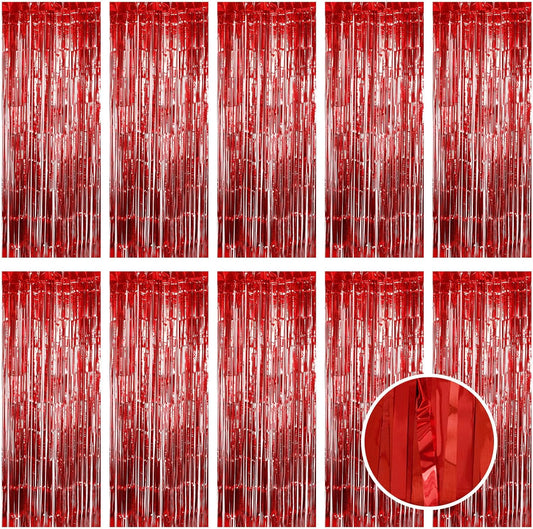 10 Pack Red Foil Curtain Backdrop 3.2ft x 9.8ft Metallic Tinsel Foil Fringe Curtains Streamer Photo Booth Backdrop for Birthday Party Engagement Bachelorette Party Decorations (Red)