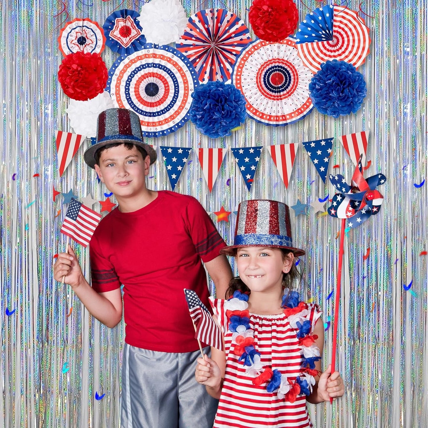 Foil Fringe Curtains Independence Day Decorations - Melsan 3 Pack 3.2 x 8.2 ft Silver Tinsel Curtain Photo Backdrop for Birthday Party or Disco Party Decorations