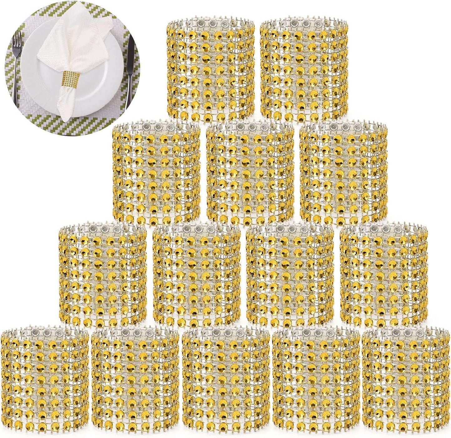 Bling Napkin Rings Set of 150, Rhinestone Gold Napkin Rings Diamond Adornment Napkin Holder Bulk for Wedding, Dinner, Party, Table Decorations, Gold