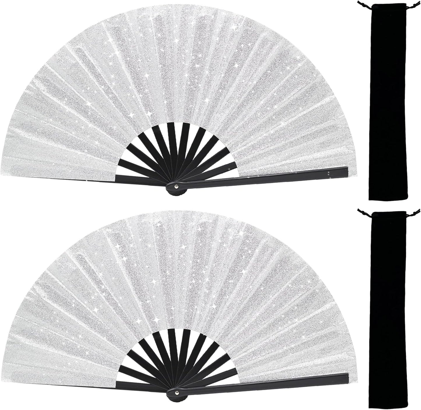 Glitter bling Large Folding Fan-Hand Fan Rave Clack Popping Fan for Line Dancing Clacking Fans for Boots On The Ground Dance, Party for EDM, Music Festival, Hot Flashes, Party, Decoration(2pcs silver)