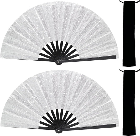Glitter bling Large Folding Fan-Hand Fan Rave Clack Popping Fan for Line Dancing Clacking Fans for Boots On The Ground Dance, Party for EDM, Music Festival, Hot Flashes, Party, Decoration(2pcs silver)