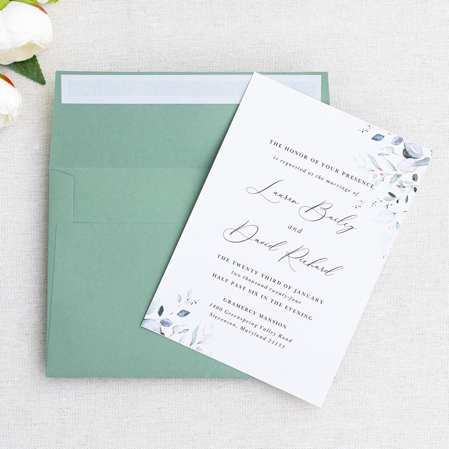 PONATIA 50 Pieces 5x7 Envelopes, Sage Green A7 Envelopes Self Seal for Weddings, Invitation Cards, Photos, Postcards, Greeting Cards Mailing, Baby Shower, Graduation, Christmas Gift Cards
