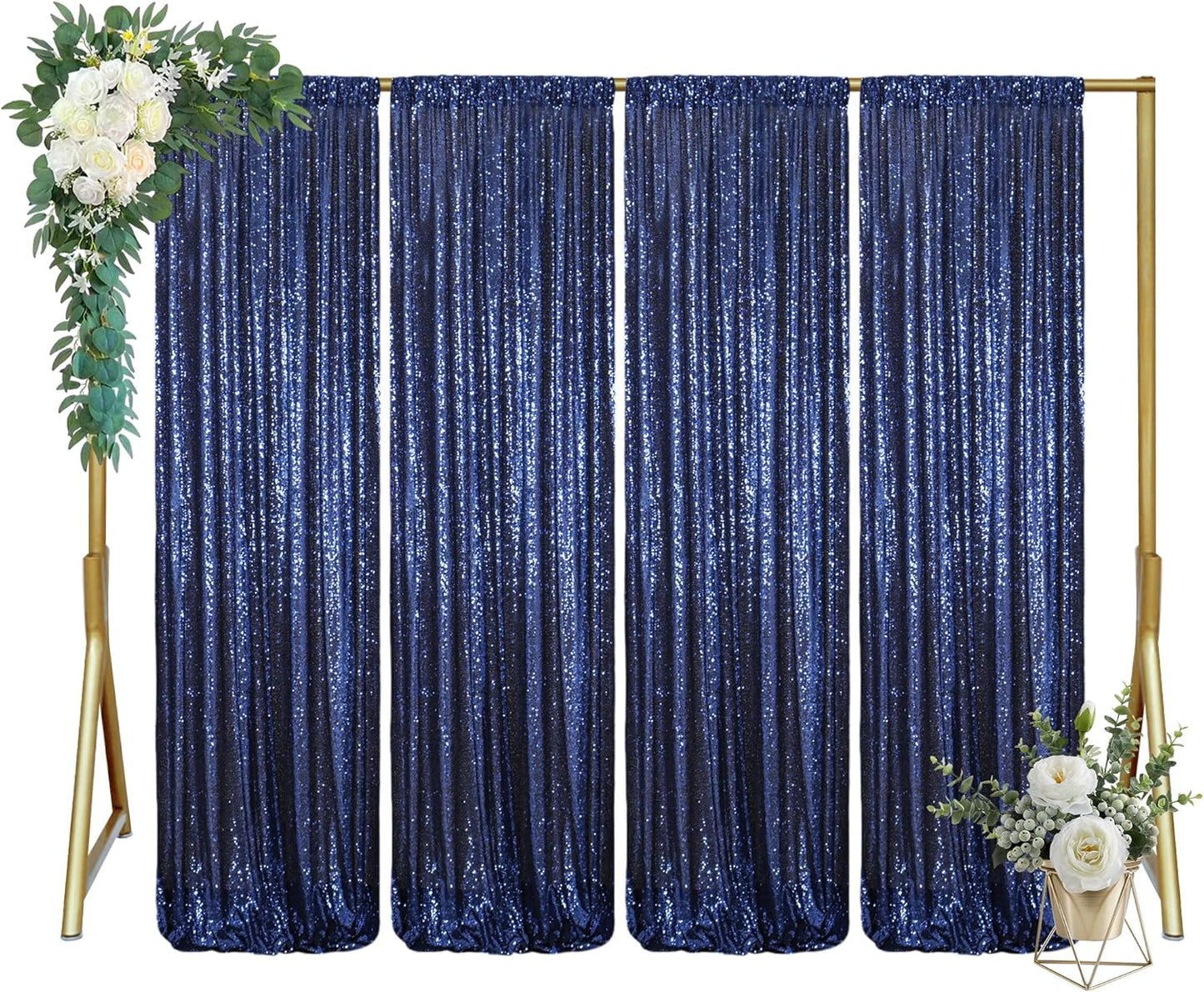 ShinyBeauty Navy Blue Sequin Backdrop 4x10ft (4 Panels) - Christmas Party Photo Booth, Winter Wedding Decor, Sparkle Curtain